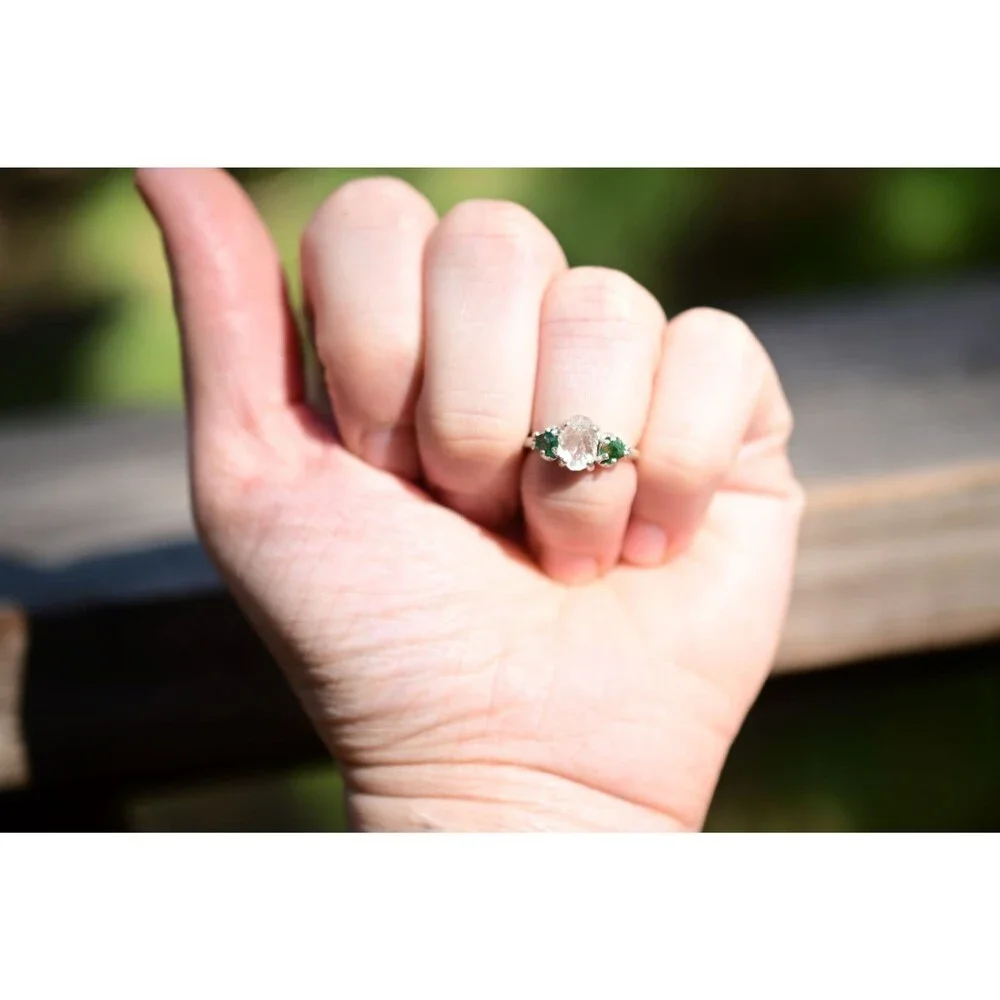 Engagement ring Raw Diamond Emerald  Rough Uncut Anniversary Silver Rustic daint